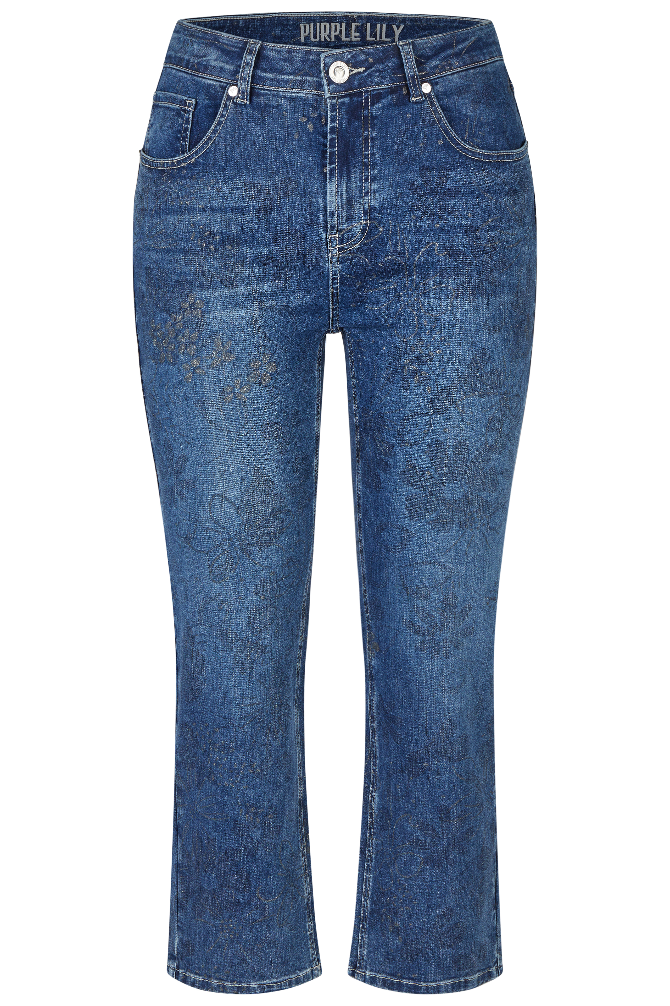 57Ivy, Mom-Fit-Jeans, 5-Pocket-Style, Verkürzte Form, Goldfarbener Blütenprint