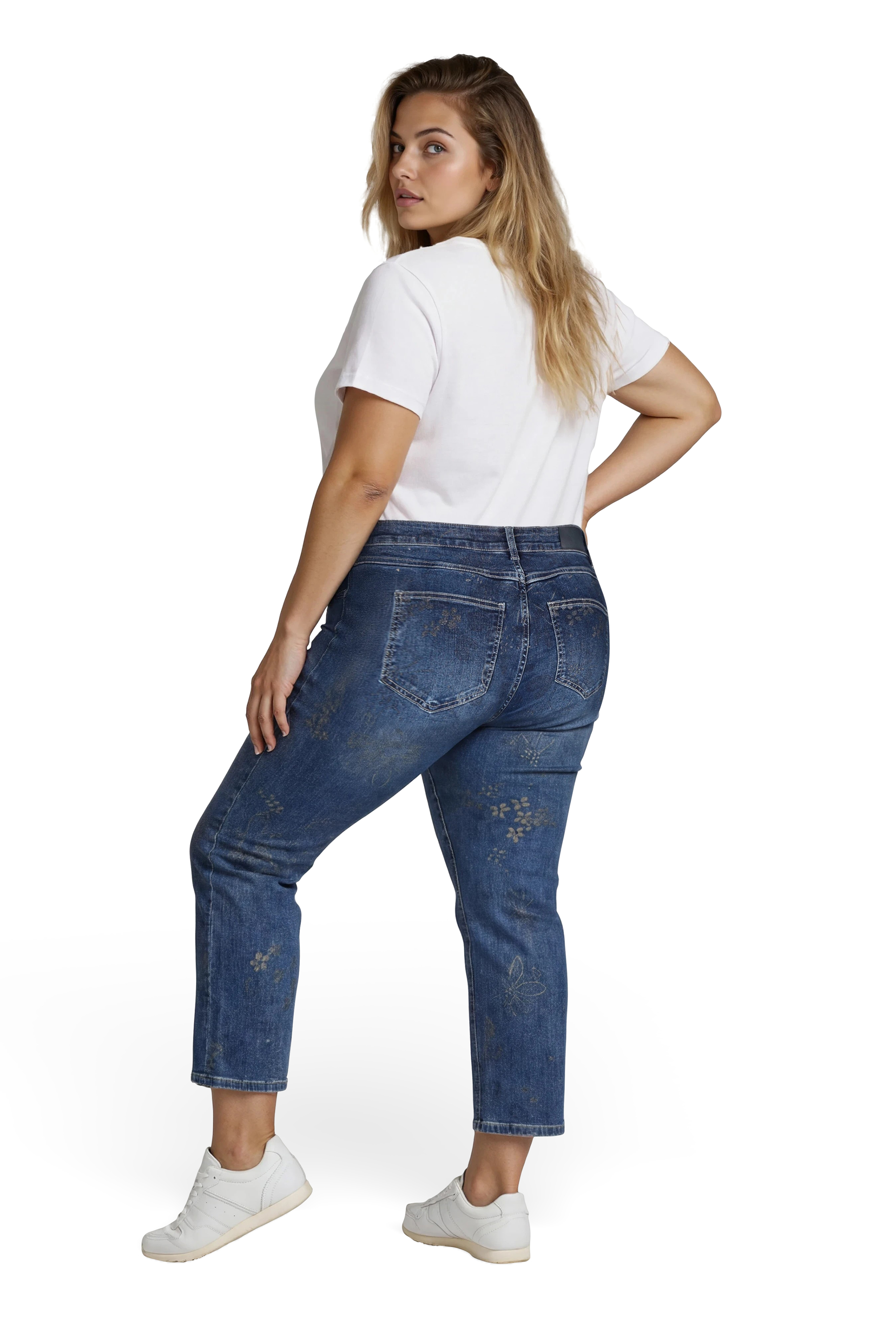 57Ivy, Mom-Fit-Jeans, 5-Pocket-Style, Verkürzte Form, Goldfarbener Blütenprint