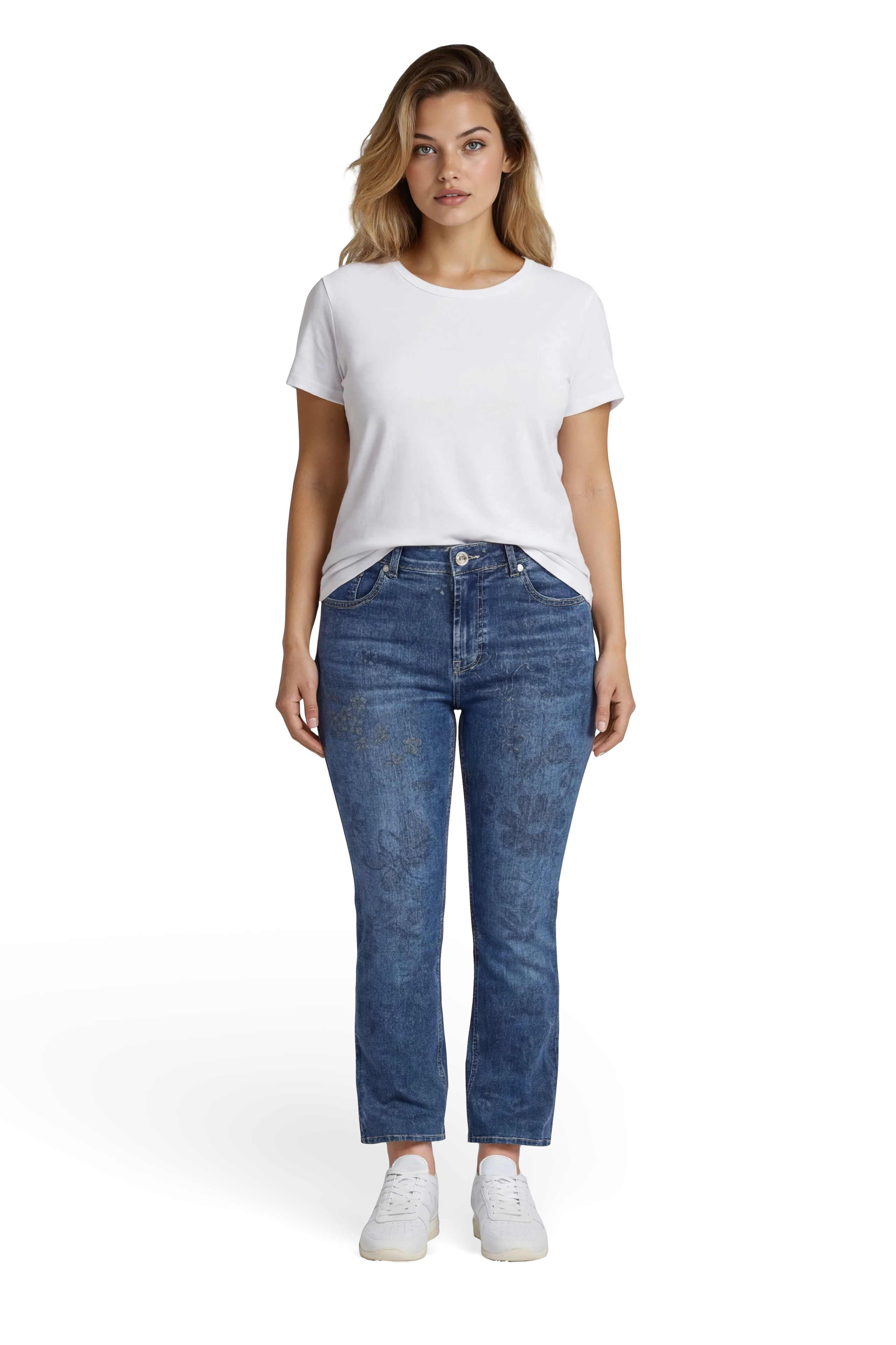 57Ivy, Mom-Fit-Jeans, 5-Pocket-Style, Verkürzte Form, Goldfarbener Blütenprint